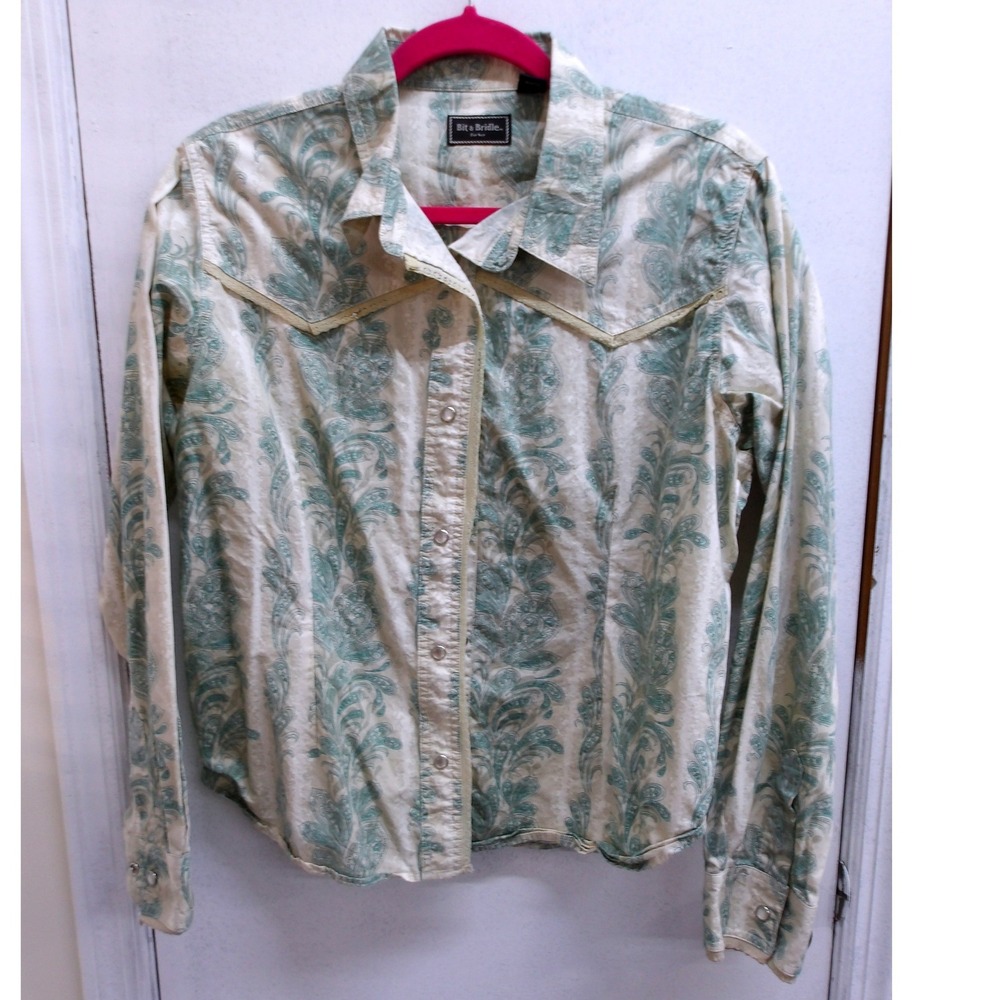Bit & Bridle Large Green Ivory Paisley Pearl Snaps Button Down Shirt Sz L/#26348